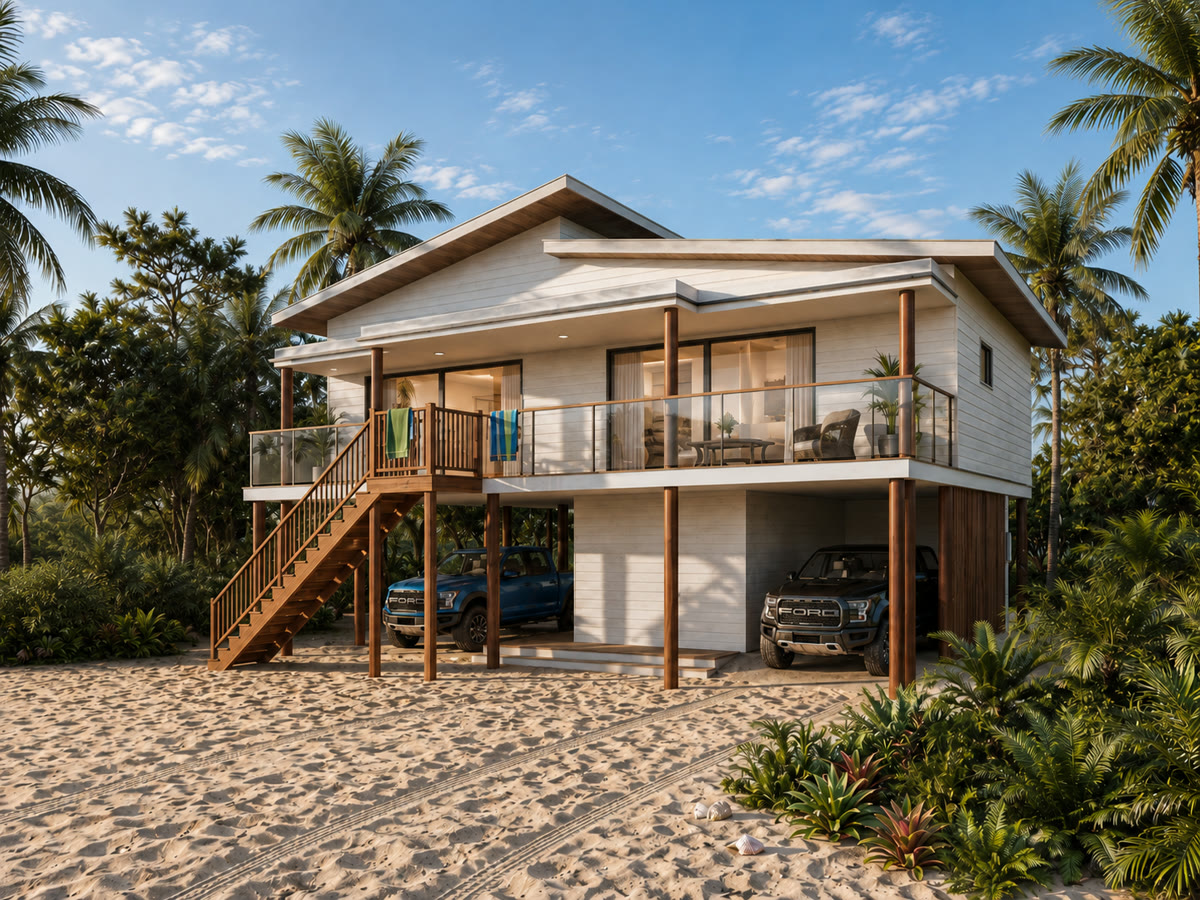 Render 3D de moradia de praia T3 elevada em madeira