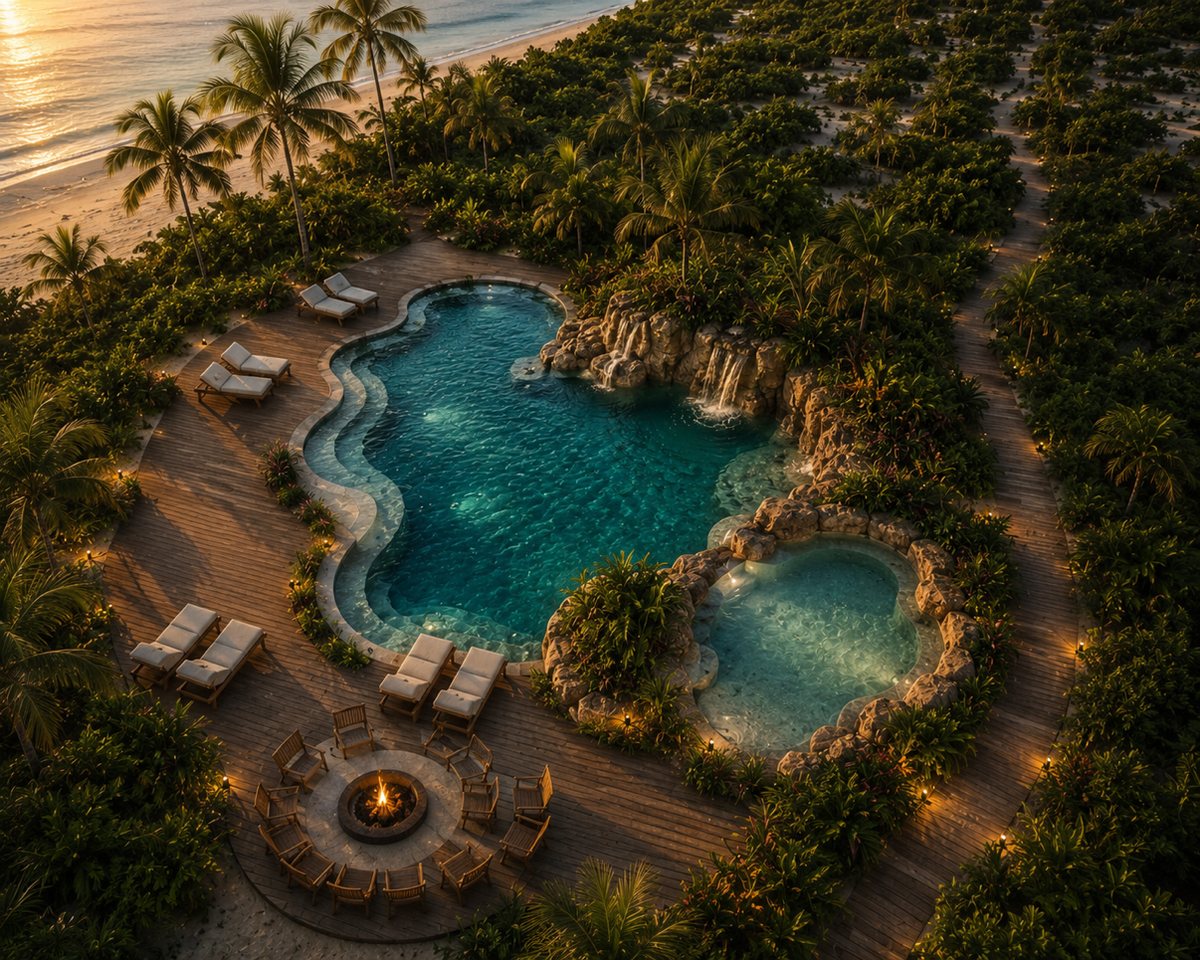 Projeção da piscina lagoa do condomínio ao fim do dia, junto à praia